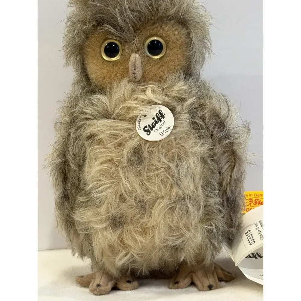 Steiff Wittie Owl 033315 Mohair Gray Brown Germany All Tags Button